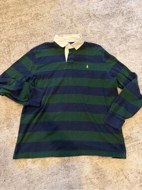 Ralph Lauren Navy & Green Striped Rugby Polo with White Collar